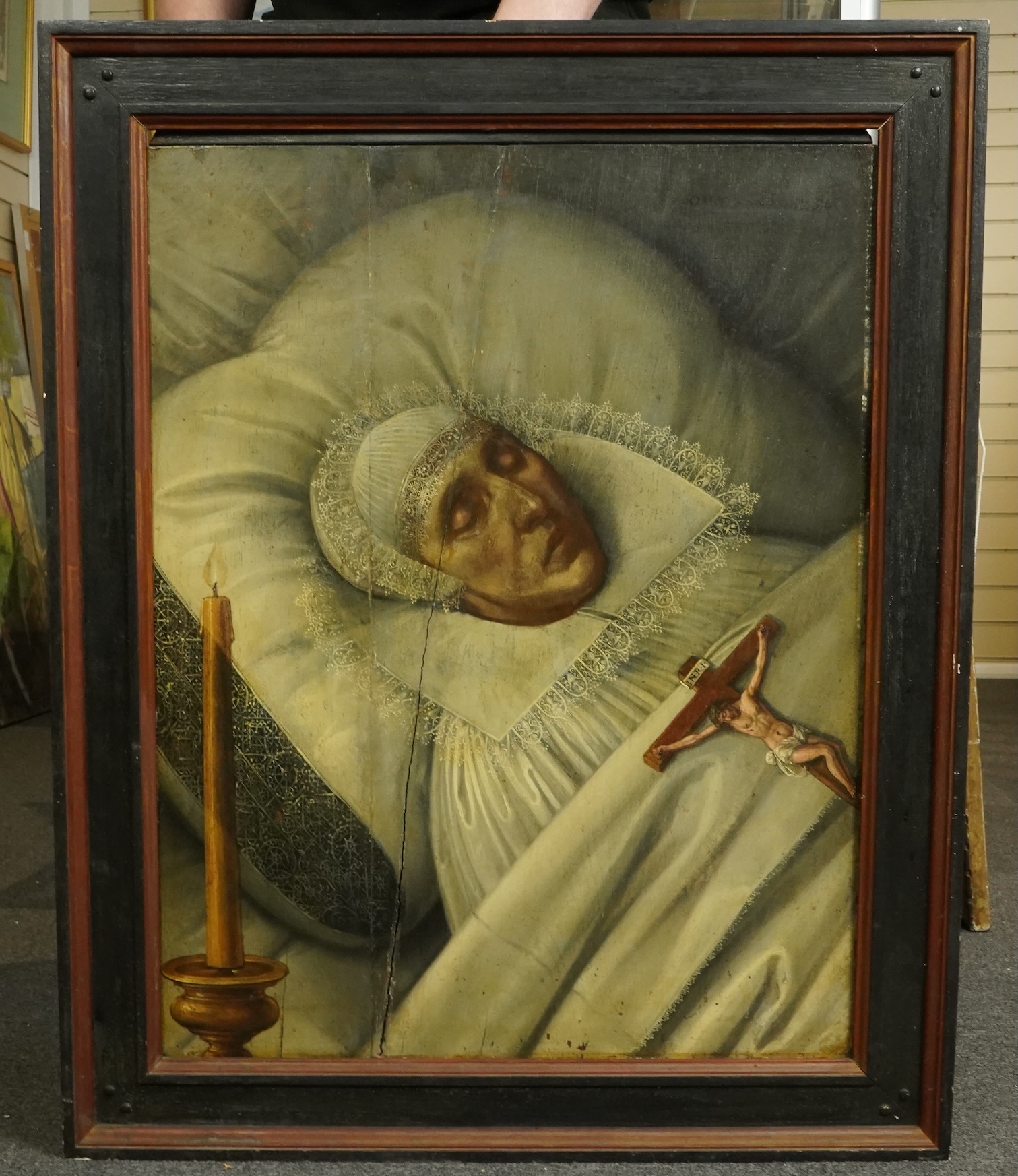 17th century Flemish School , Death bed portrait with crucifix and candle, oil on panel, 68 x 53cm